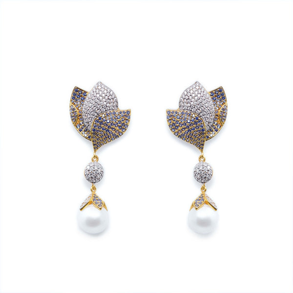 22K YELLOW AND WHITE GOLD SAPPHIRE PEARL EARRINGS